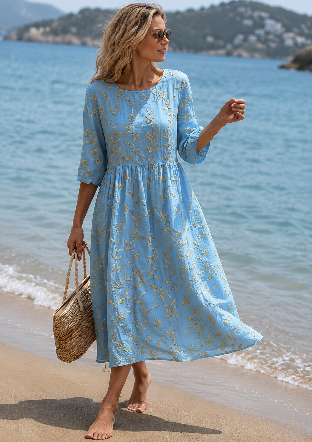 Jade | A-Line Floral Midi Dress with Three-Quarter Sleeve for Women