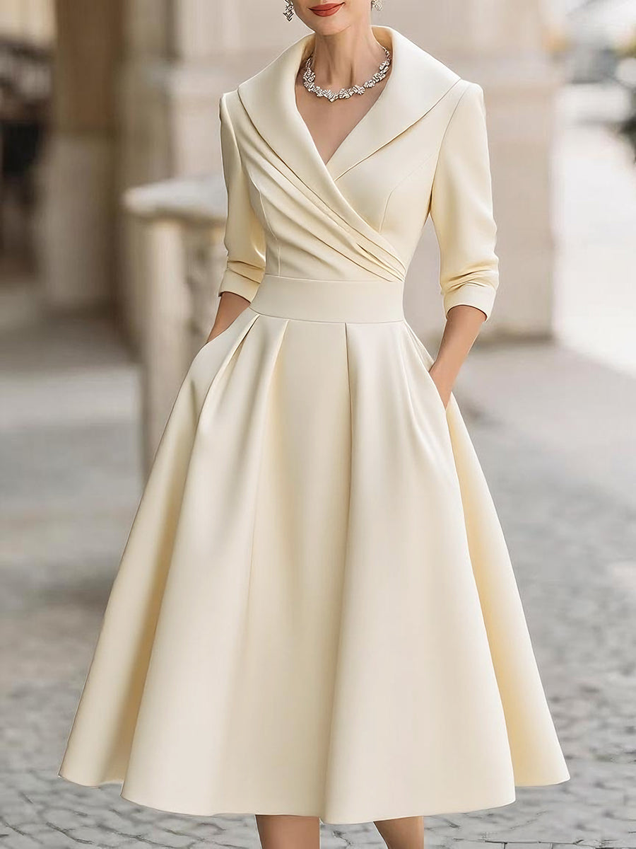 Aphrodite | Wrap V-Neck Midi Dress with Three-Quarter Sleeves for Women