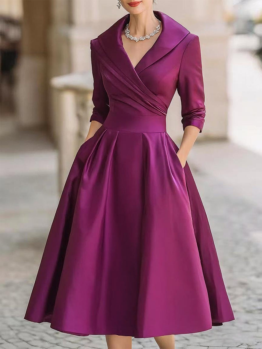 Aphrodite | Wrap V-Neck Midi Dress with Three-Quarter Sleeves for Women