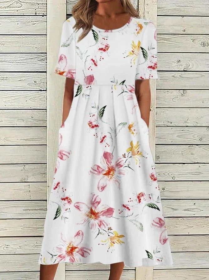 Louise | Floral A-Line Midi Dress with Short Sleeves for Women