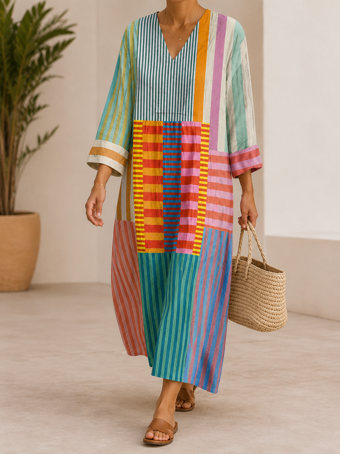 Valentina | V-Neck Striped Patchwork Midi Dress for Women