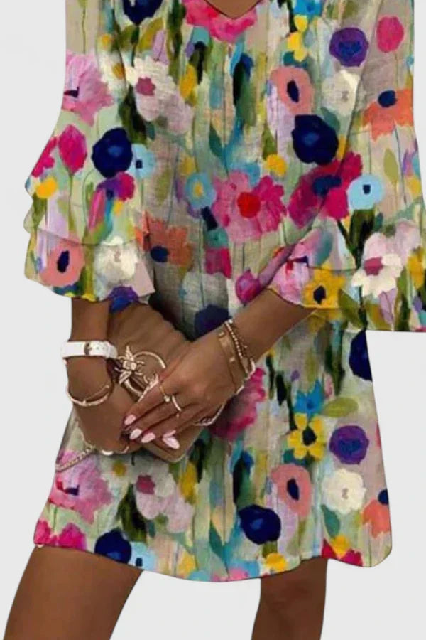 Sebastiane | Floral Dress with V-Neck and Bell Sleeves for Women
