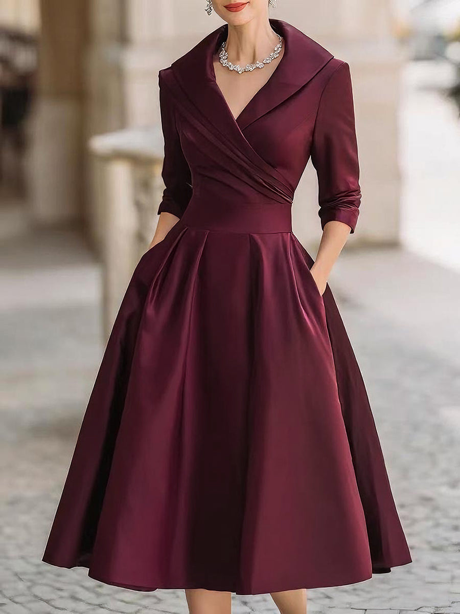 Aphrodite | Wrap V-Neck Midi Dress with Three-Quarter Sleeves for Women