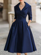 Aphrodite | Wrap V-Neck Midi Dress with Three-Quarter Sleeves for Women