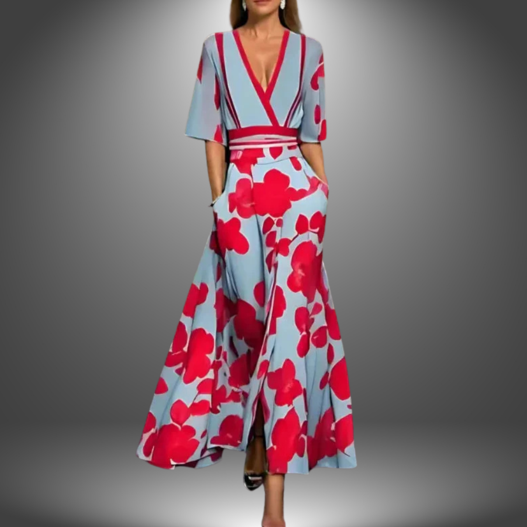 Adelaide | V-Neck Floral Print Maxi Dress with Three-Quarter Sleeves for Women