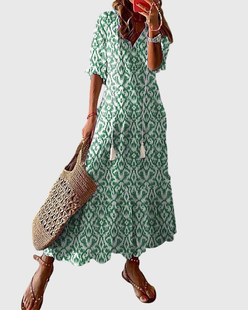 Amalia | Ikat Midi Dress with V-Neck for Women