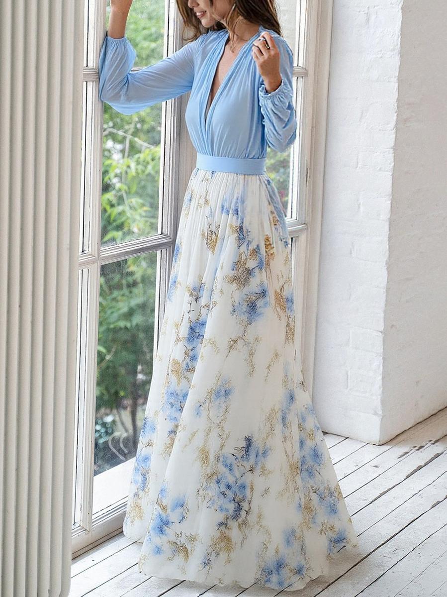 Roisin | Floral V-Neck Maxi Dress with Long Sleeves for Women