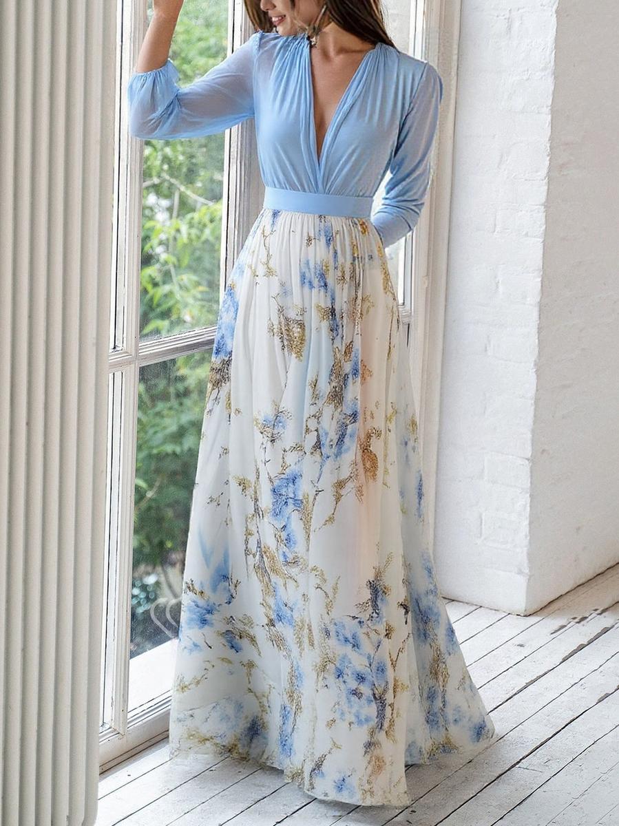 Roisin | Floral V-Neck Maxi Dress with Long Sleeves for Women