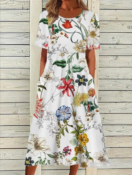Louise | Floral A-Line Midi Dress with Short Sleeves for Women