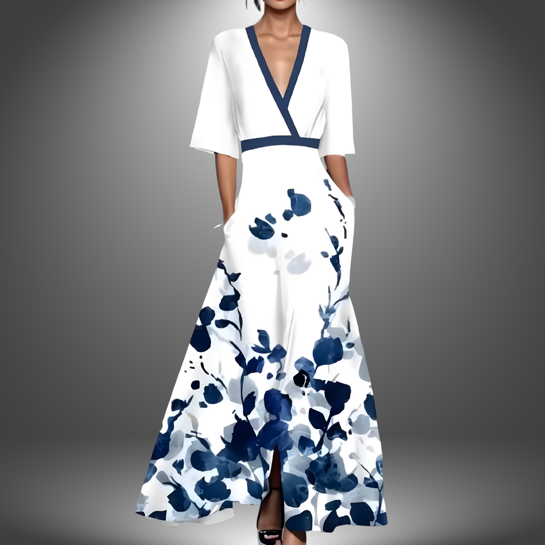 Adelaide | V-Neck Floral Print Maxi Dress with Three-Quarter Sleeves for Women