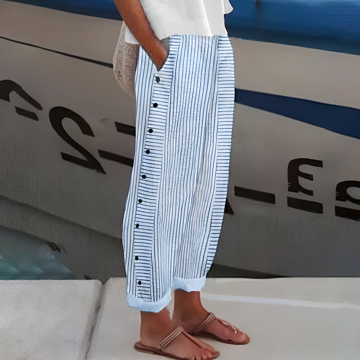 Amika | Striped Cropped Trousers with Button Detail for Women