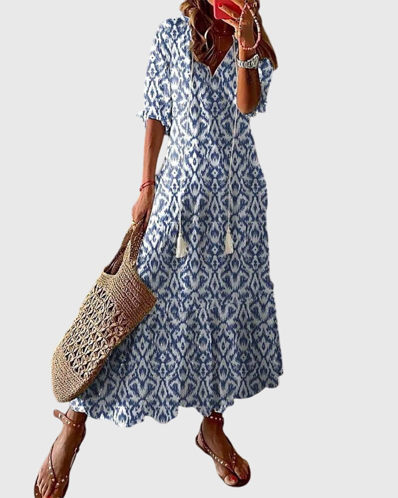 Amalia | Ikat Midi Dress with V-Neck for Women