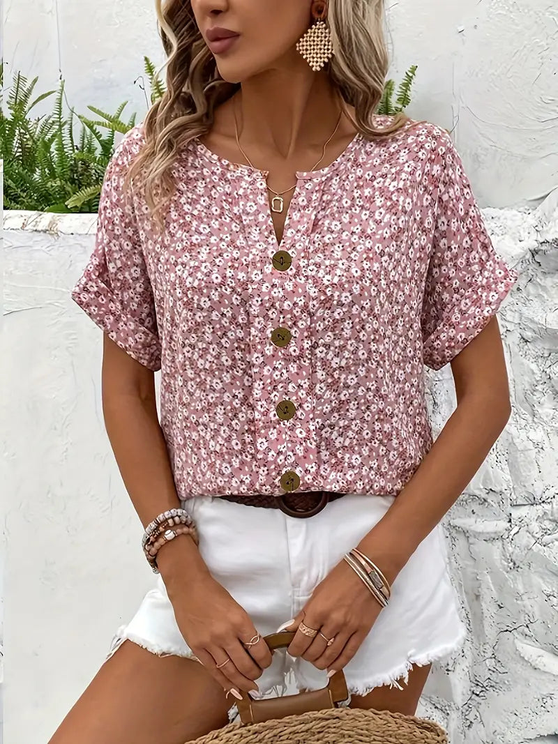 Tamara | Floral Button-Down Blouse with Short Sleeves for Women