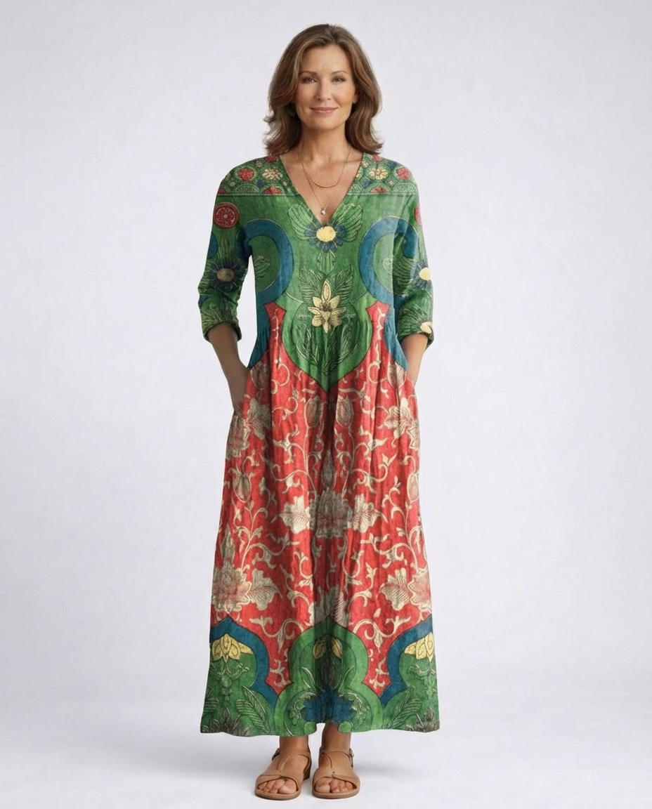 Leah | V-Neck Maxi Dress with Long Sleeves for Women