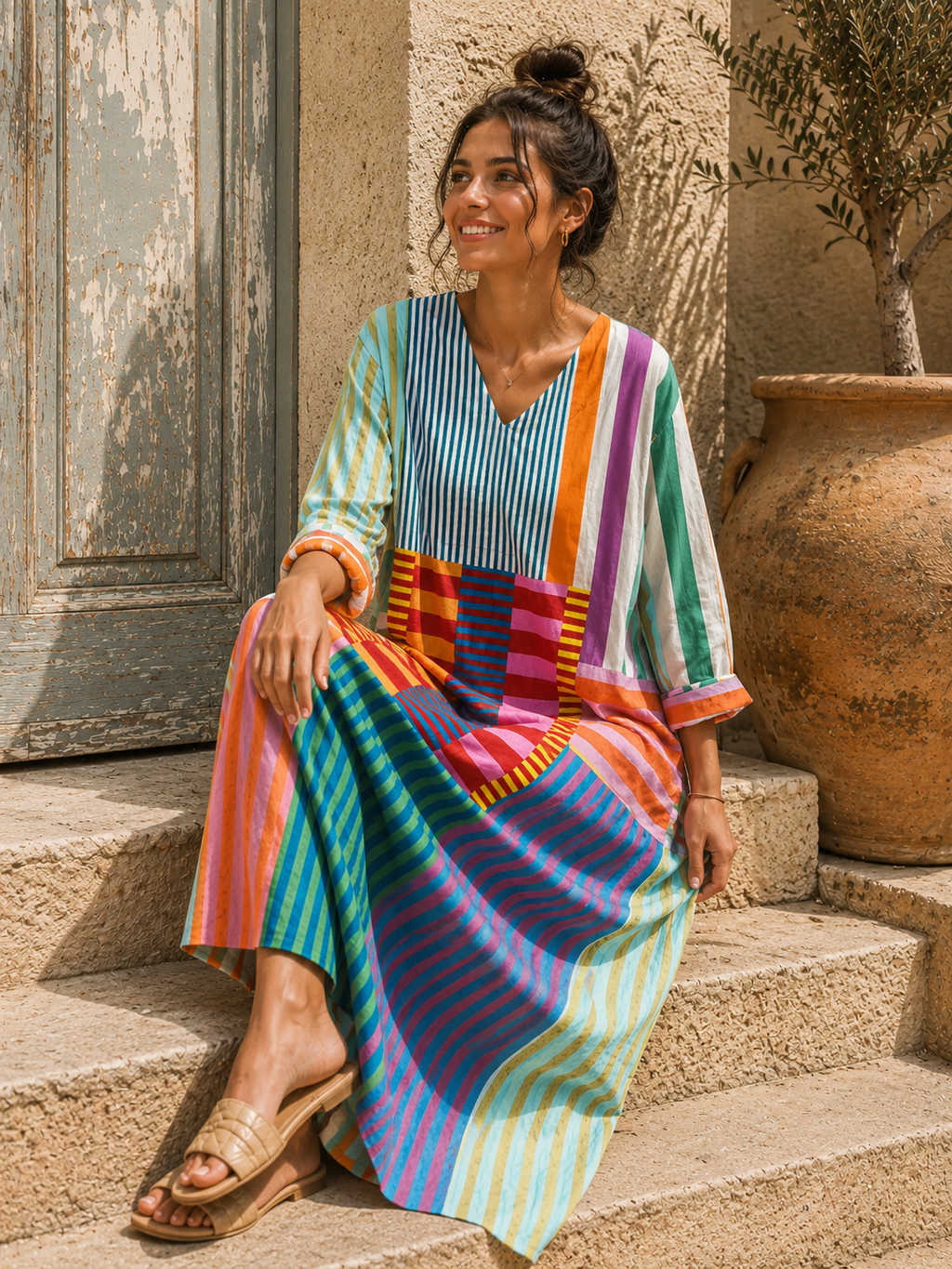 Valentina | V-Neck Striped Patchwork Midi Dress for Women