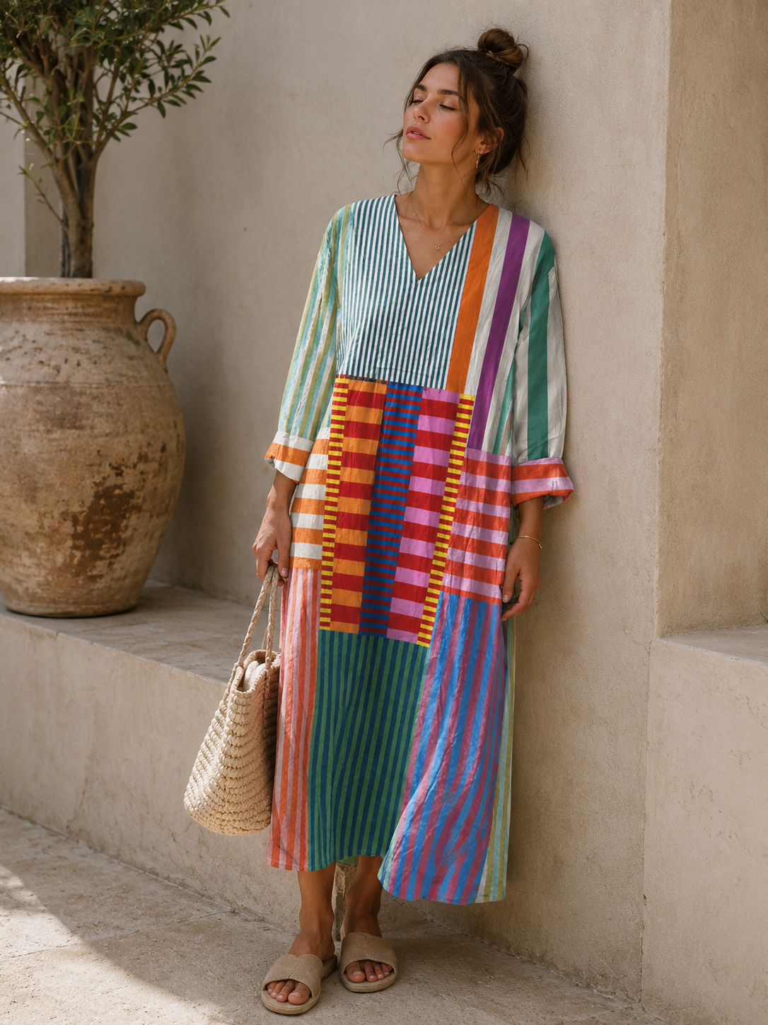Valentina | V-Neck Striped Patchwork Midi Dress for Women