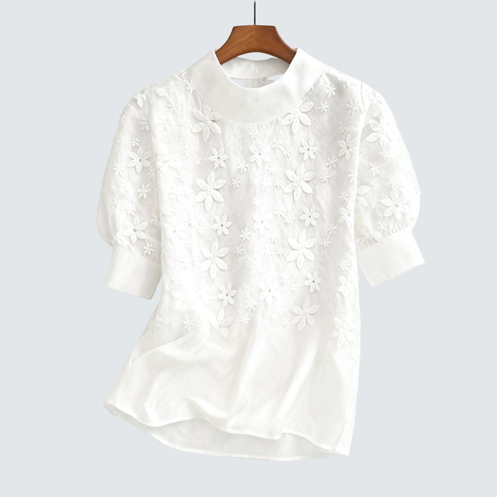 Maxine | Short Sleeve Stand Collar Lace Blouse for Women