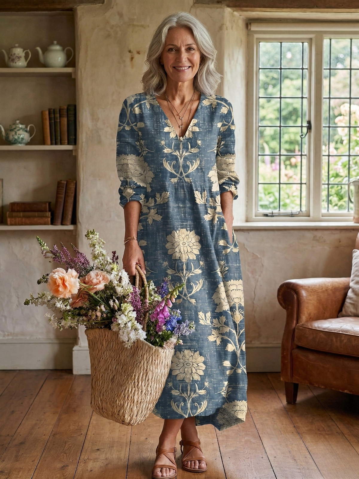 Sophia | V-Neck Floral Midi Dress with Pockets for Women