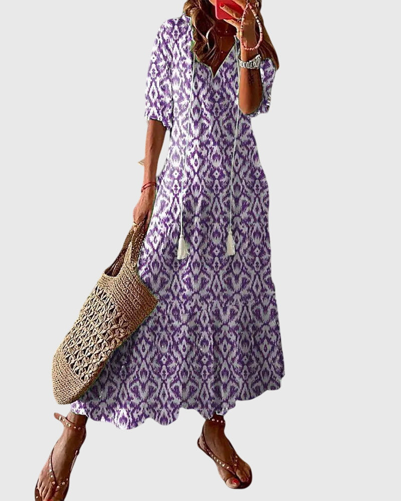 Amalia | Ikat Midi Dress with V-Neck for Women