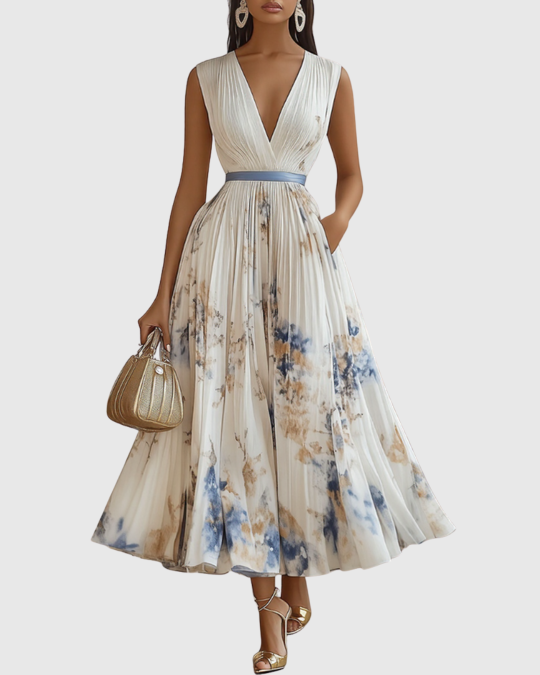 Godiva | Pleated Maxi Dress with V-Neck for Women
