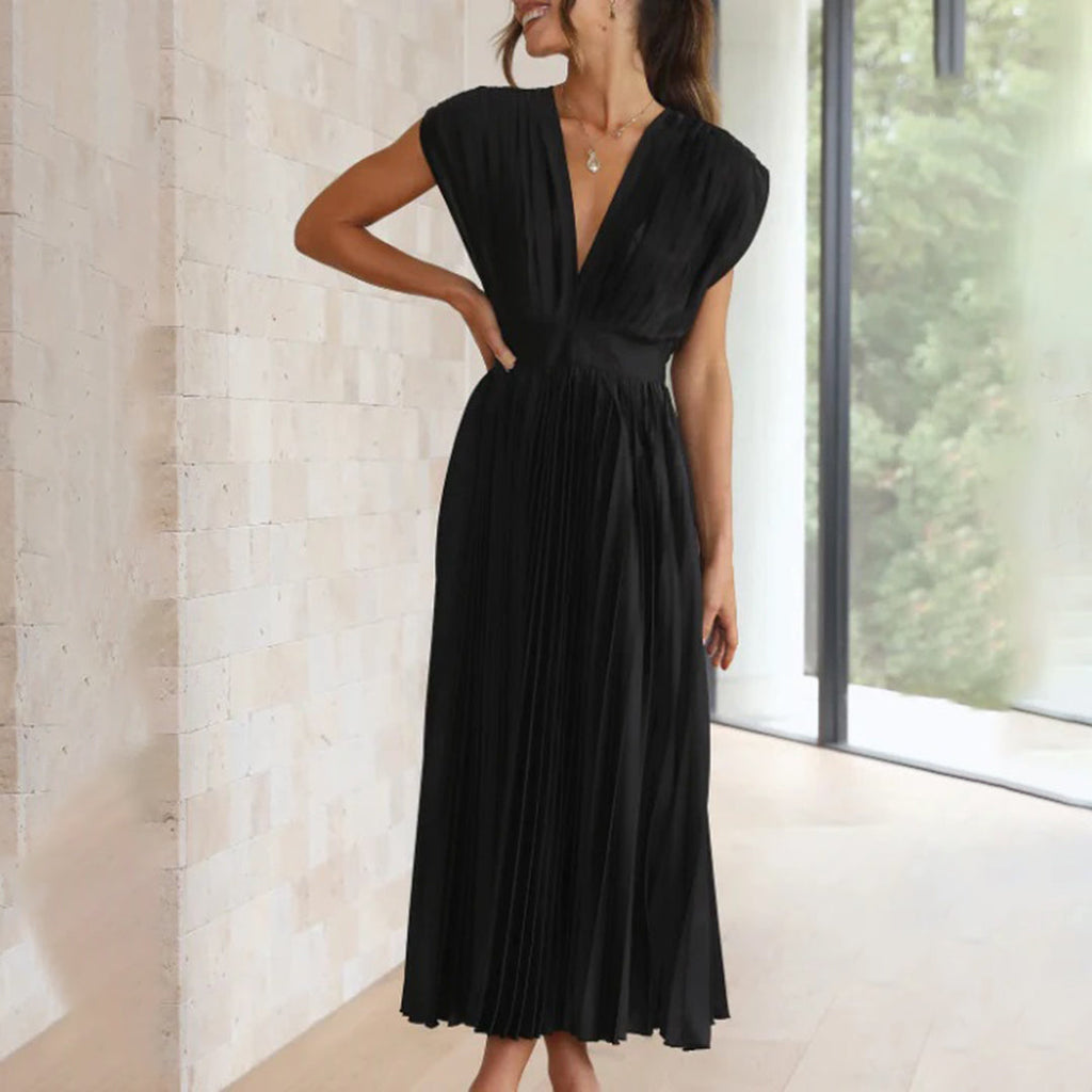 Maren | Wedding Guest Pleated Midi Dress with V-Neck for Women