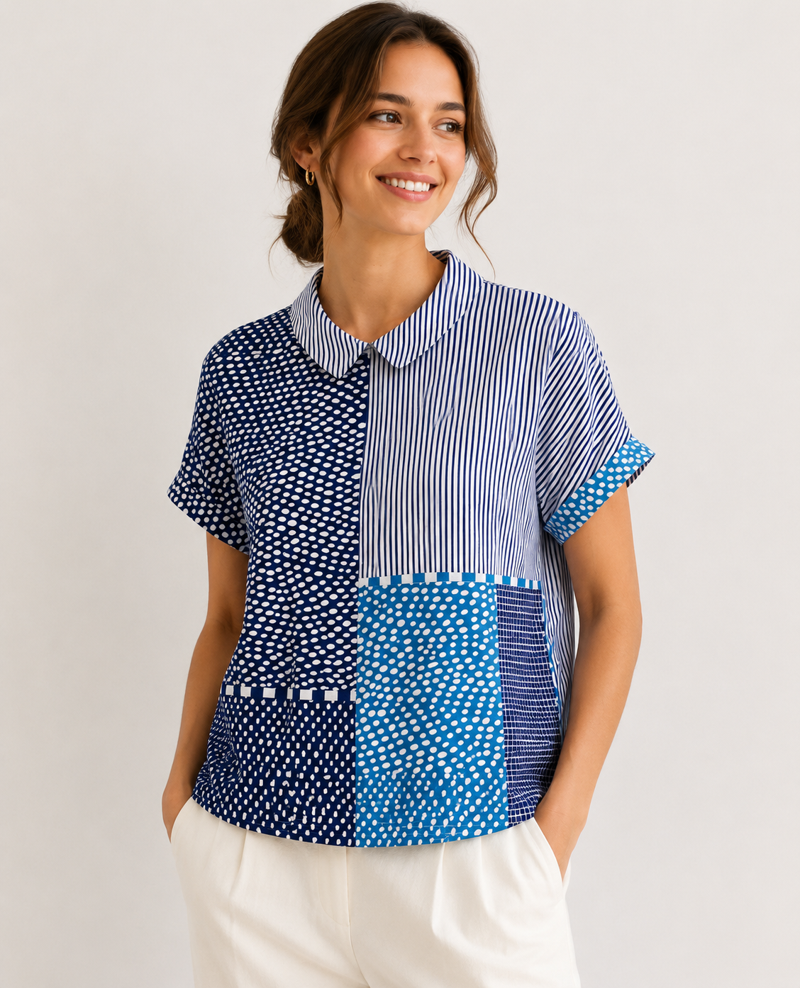 Lydia | Patchwork Print Collared Long Sleeve Blouse for Women