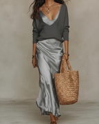 Elena | Midi Satin Wrap Skirt with Ribbed Knit V-Neck Sweater for Women