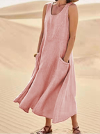 Violet | Linen Scoop-Neck Sleeveless Midi Dress with Pockets for Women