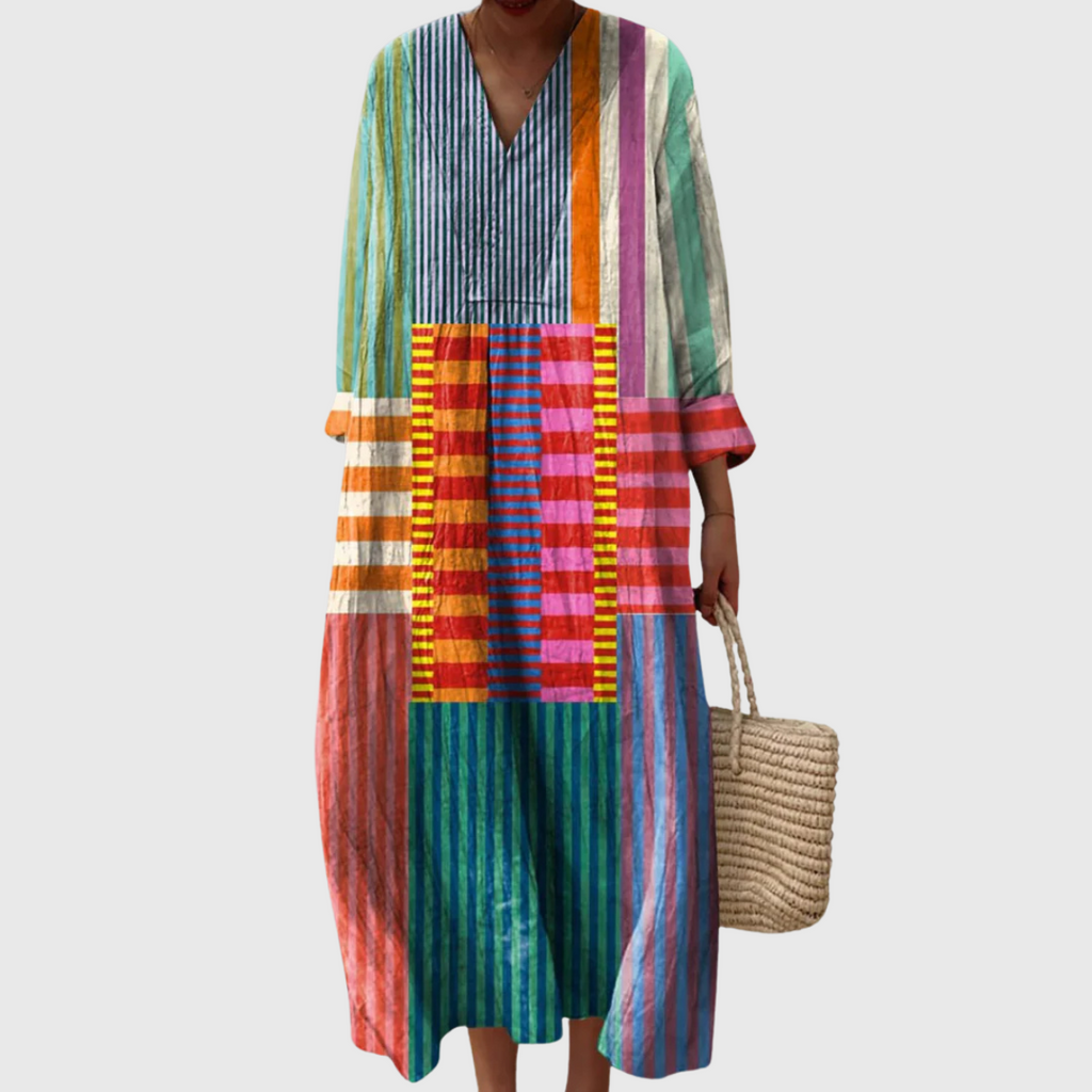 Valentina | V-Neck Striped Patchwork Midi Dress for Women