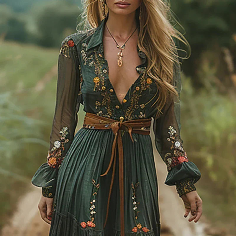 Tania | Embroidered Maxi Dress with V-Neck for Women