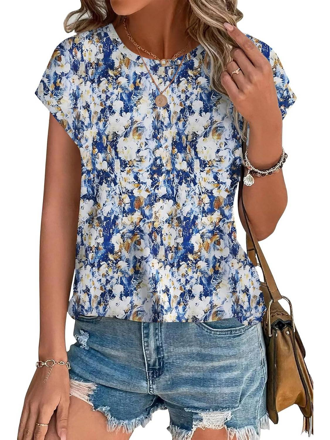 Loretta | Botanical Leaf Print Cap Sleeve Blouse for Women