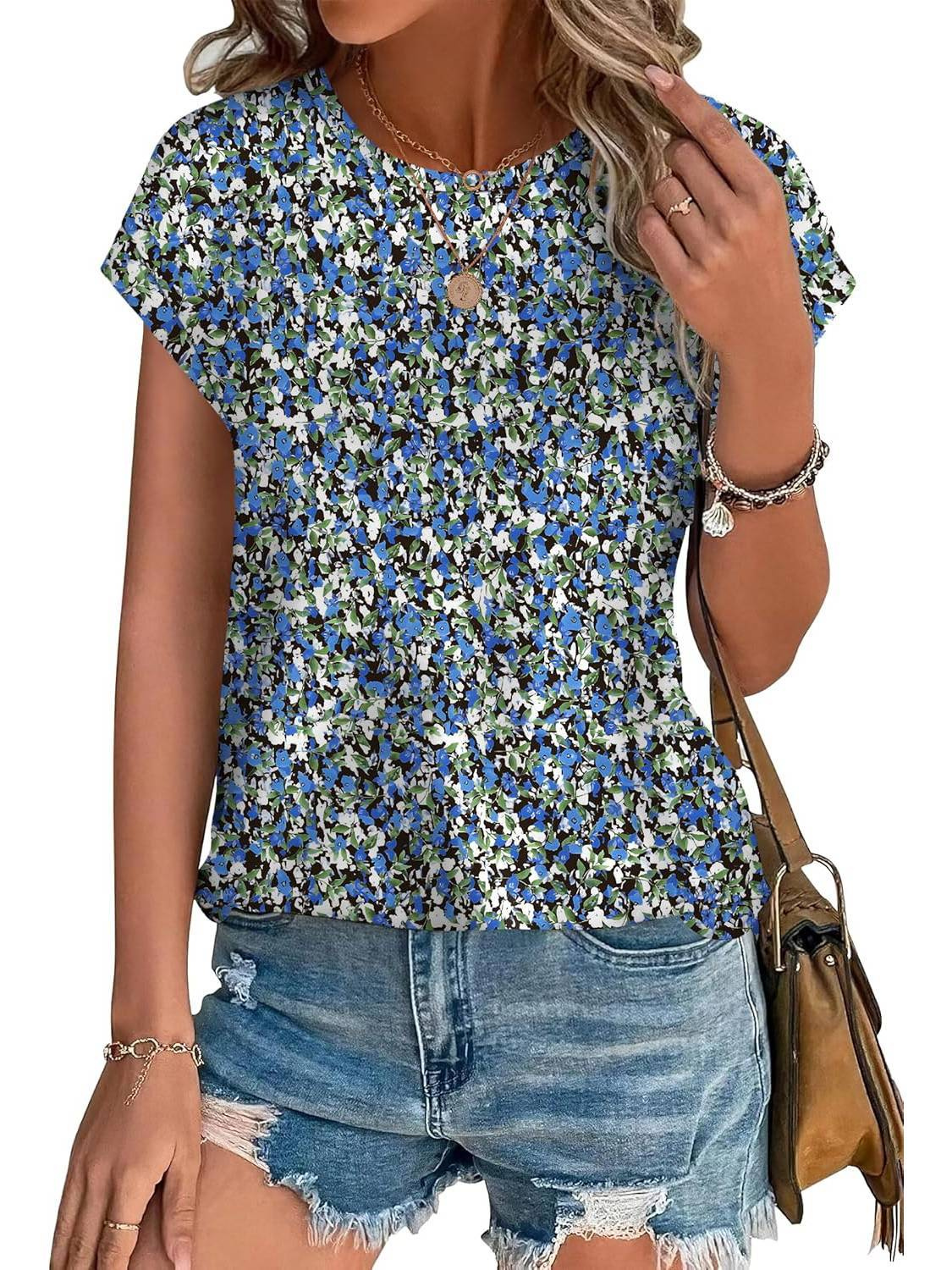 Loretta | Botanical Leaf Print Cap Sleeve Blouse for Women