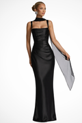 Vivienne | Satin Wedding Guest Ruched Maxi Dress with Square Neck for Women