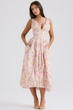 Saffron | Wedding Guest A-Line Midi Dress with V-Neck for Women