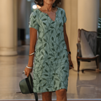 Everly | V-Neck Short Sleeve Botanical Printed Mini Dress for Women