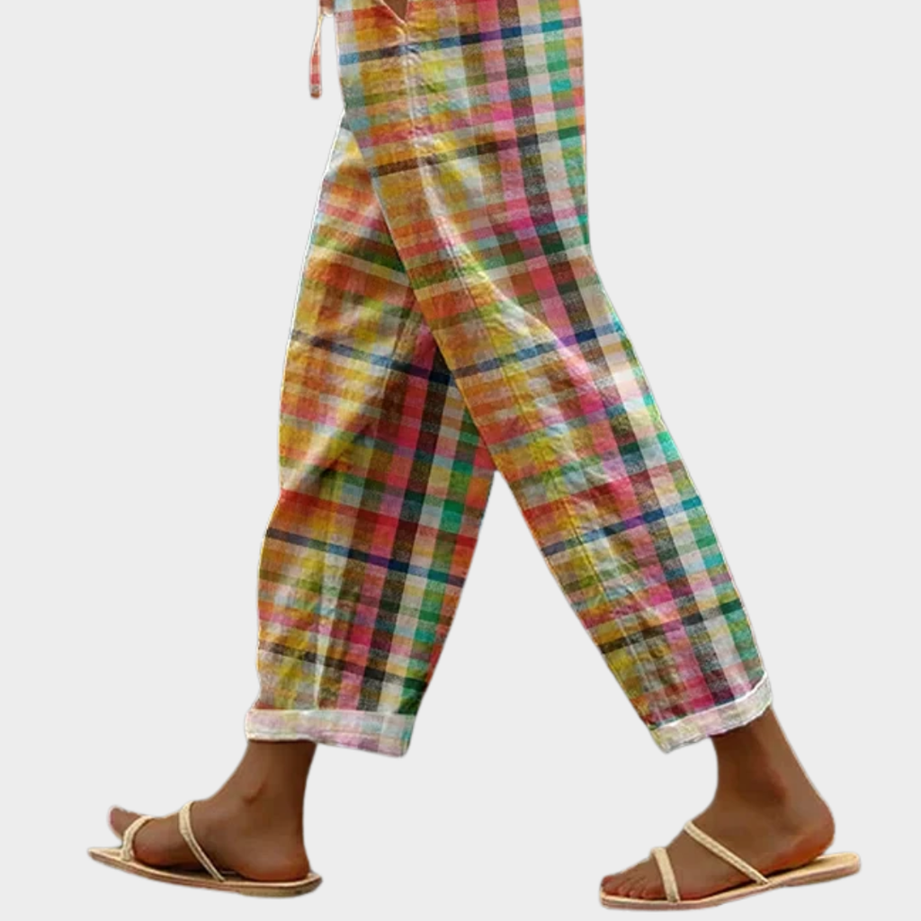 Valerie | Cropped Linen Plaid Drawstring Trousers for Women