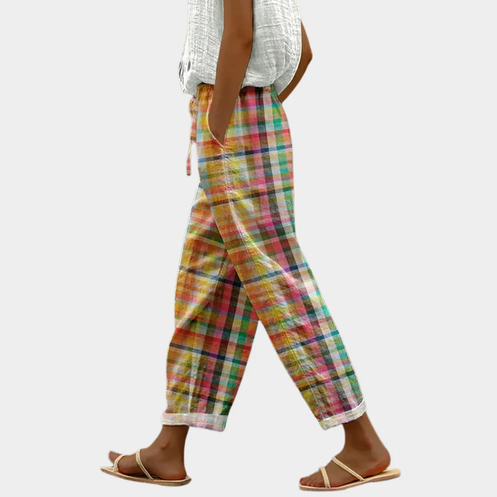 Valerie | Cropped Linen Plaid Drawstring Trousers for Women