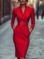 Brooke | Belted V-Neck Midi Pencil Dress for Women