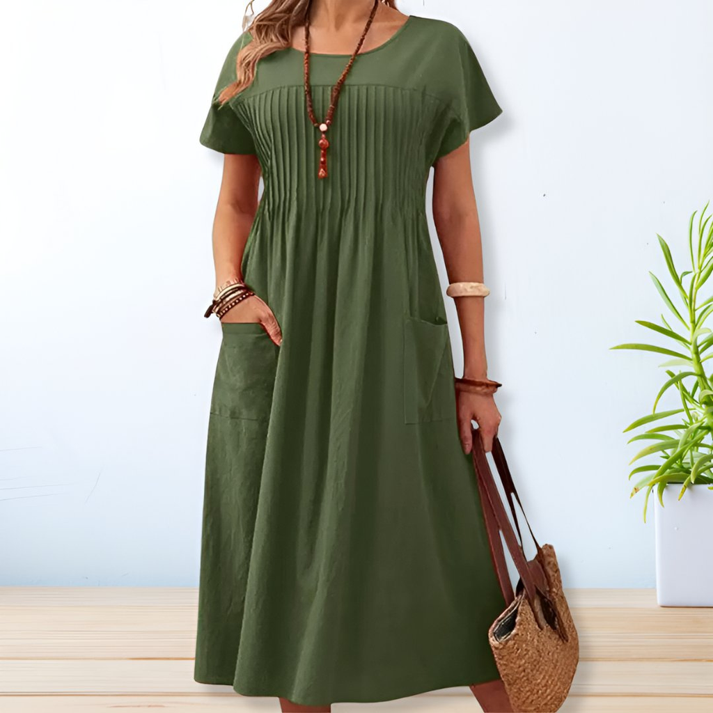 Ophelia | Linen Pintuck Midi Dress with Front Pockets for Women