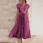 Maren | Wedding Guest Pleated Midi Dress with V-Neck for Women