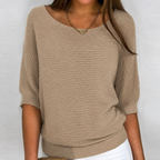 Aurora | Cotton-Blend Ribbed Knit Three-Quarter Sleeves Sweater for Women