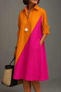 Elena | Collared A-Line Midi Dress with Diagonal Colorblock for Women