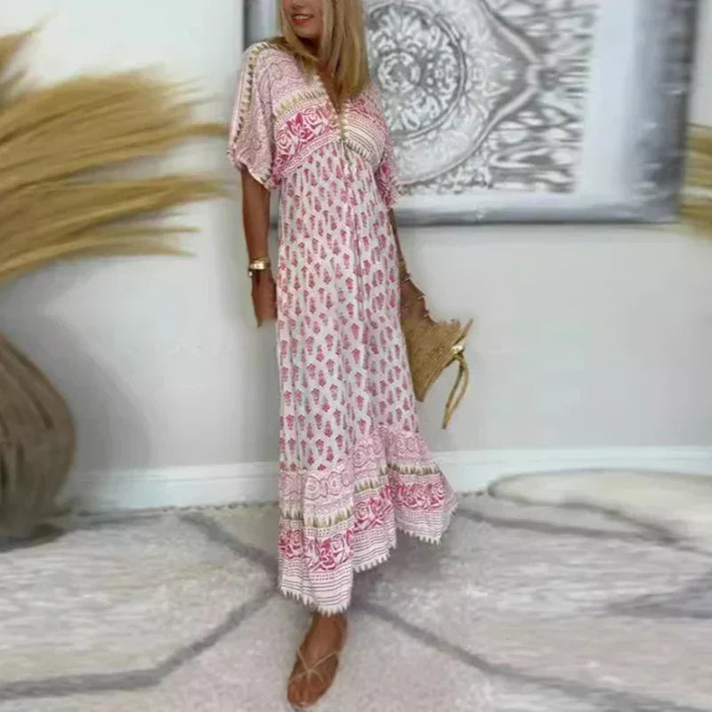 Nova | Boho Print Maxi Dress with Short Sleeves for Women