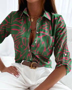 Saraf | Graphic Button-Down Blouse with V-Neck for Women