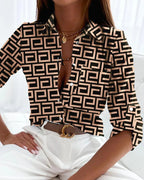Saraf | Graphic Button-Down Blouse with V-Neck for Women