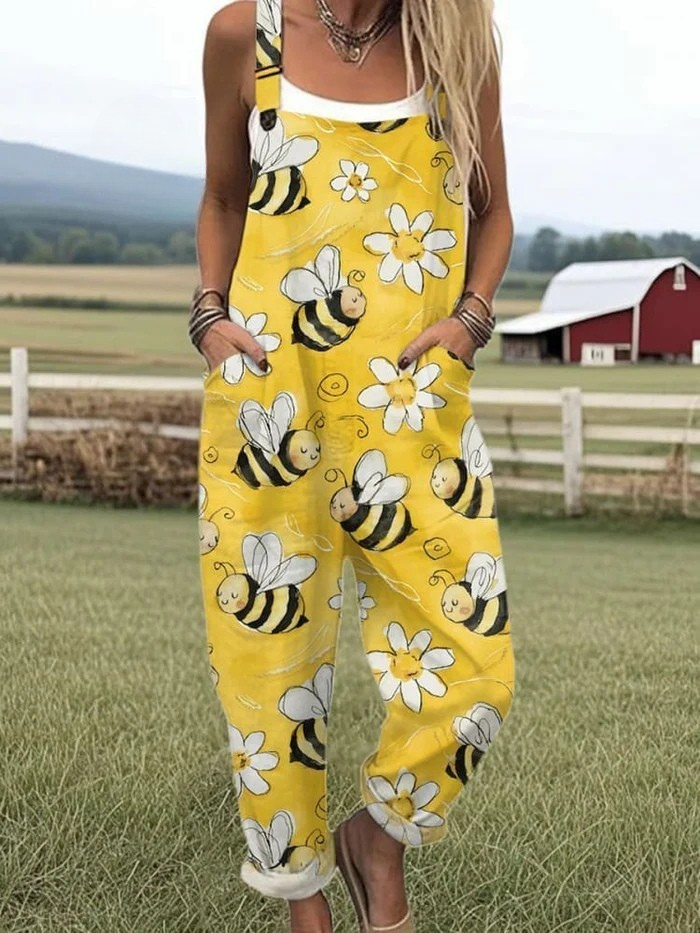 Calliope | Sleeveless Loose-Fit Bee Print Overall Jumpsuit for Women