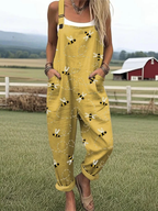 Calliope | Sleeveless Loose-Fit Bee Print Overall Jumpsuit for Women