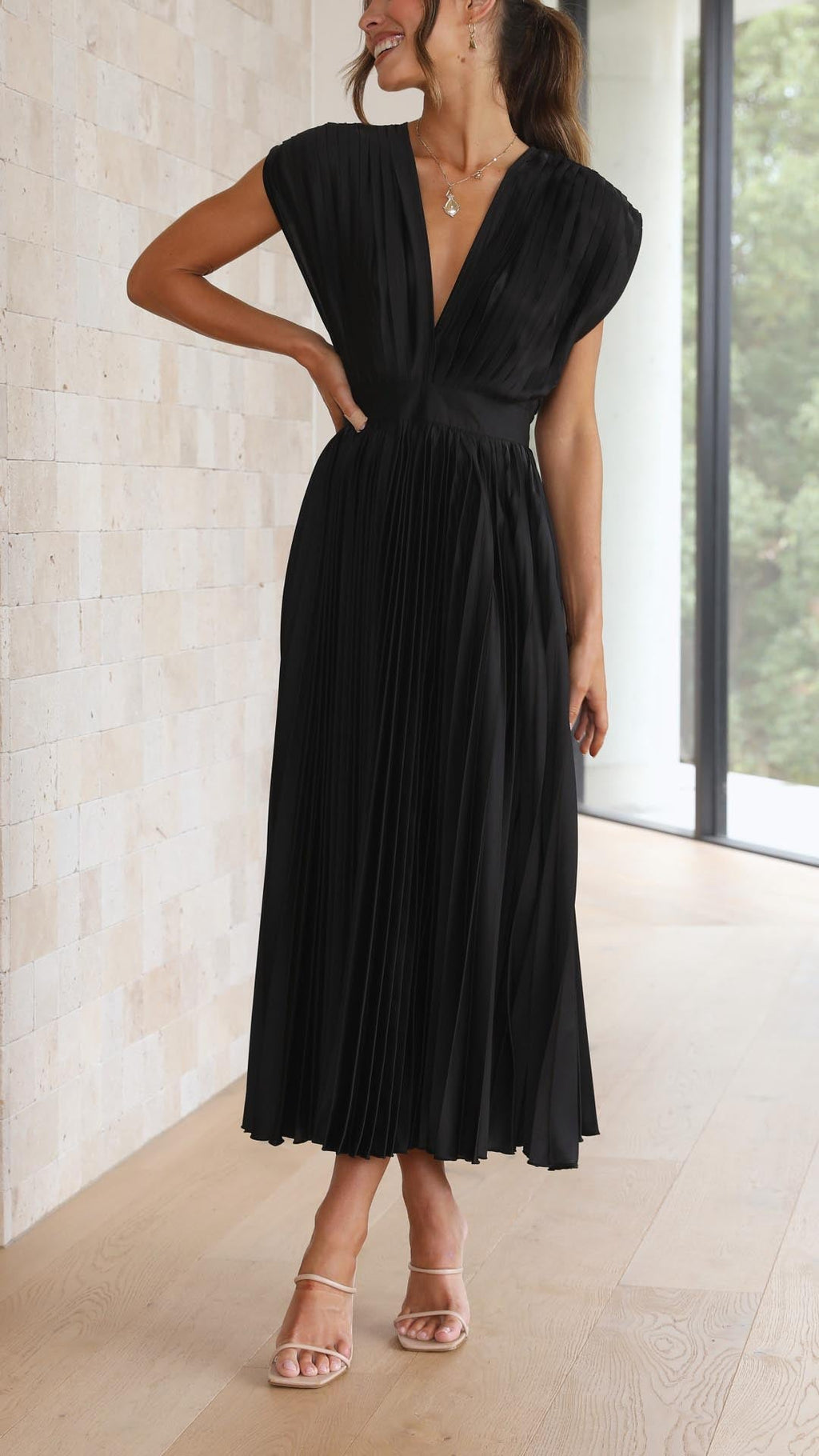 Maria | Pleated V-Neck Maxi Dress for Women