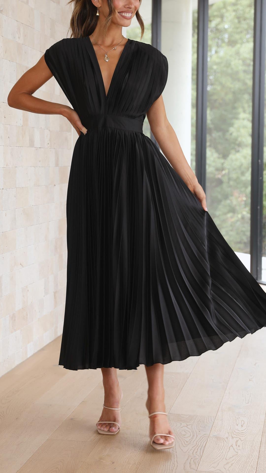 Maria | Pleated V-Neck Maxi Dress for Women
