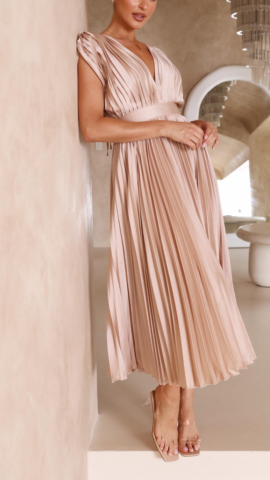Maria | Pleated V-Neck Maxi Dress for Women